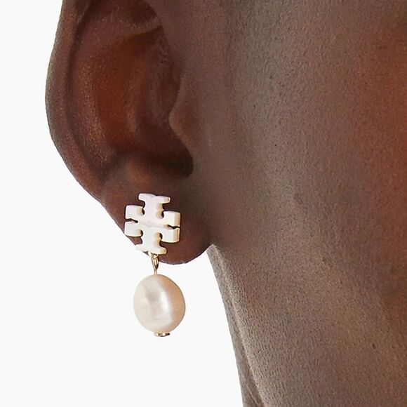 Tory Burch Kira 18K-Gold-Plated, Mother-Of-Pearl & Cultured Pearl Logo Earrings - Picture 1 of 4